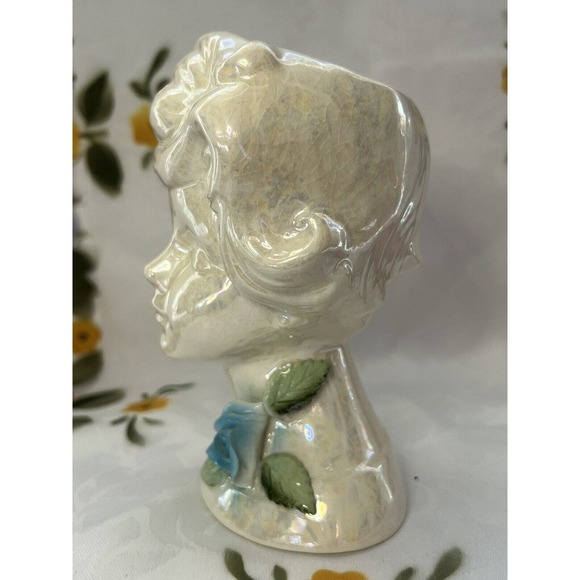 Vintage Norcrest Lustreware Lady Head Vase, BR-17, Blue Flower - Picture 4 of 11